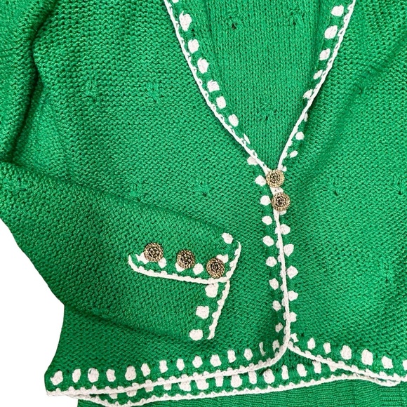 Vintage Adolfo New York Knit Skirt Suit Set Green & White | 70% Wool | Size S - Picture 2 of 8